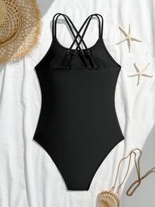 SHEIN Baju Renang Terusan untuk Remaja Perempuan, Warna Hitam Polos, Bahan Rajut Pas Badan, Tali Segitiga Silang yang Dapat Diatur, Model Tank Top yang Awet Muda untuk Musim Panas, Pantai, Liburan - Hitam - View 2