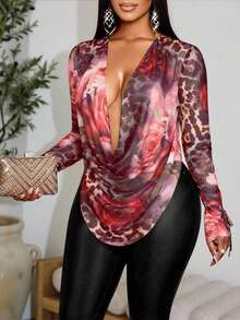 SOLERSUN Women's Elegant Sexy Rose Leopard Print Mesh Fabric Drape Neck Ruched Mesh Long Sleeve T-Shirt,Perfect For Valentine's Day Dating - Red - View 1