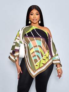 SOLERSUN Plus Size Women's Green Summer Elegant Vacation Geometric Floral Print Asymmetrical Hem Shirt,Off-Shoulder Slit Batwing Sleeves Loose Fit Blouse - Army Green - View 4