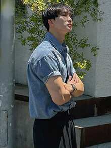 DAZY Men's Washed Denim Short Sleeve Shirt, Summer - Blue - View 5