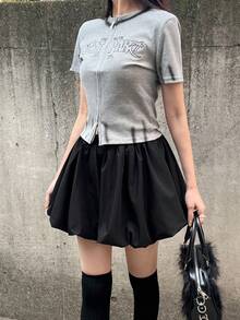 FRIFUL Women's Solid Black Pleated Short Flared Hem Loose Casual Versatile Skirt - Black - View 5