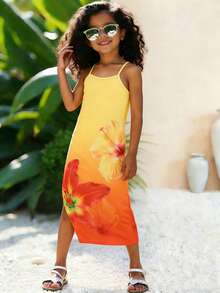 一件少女度假渐变花卉吊带修身连衣裙，活力黄橙色渐变+3D立体花卉印花+修身剪裁，搭配编织包，瞬间变身夏日女神，适合海滩、春夏郊游、音乐节、庆祝活动、返校季等场合。 - 彩色 - 查看 3