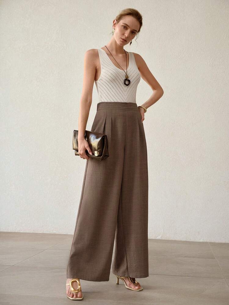 SOLID HIGH WAIST FOLD PLEATED WIDE LEG PANTS