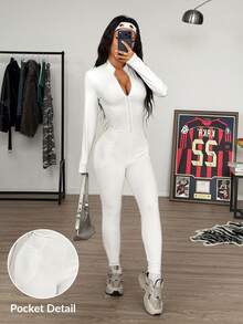 Muchica White Knit Tight Zip-Up Stand Collar Long Sleeve Jumpsuit - White - View 4