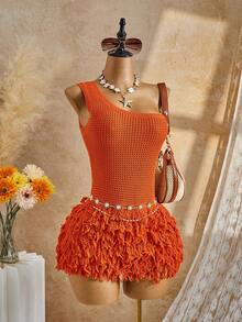 Bellisia 26SS 橙色性感单肩流苏连衣裙，度假沙滩装 - 橘色 - 查看 5