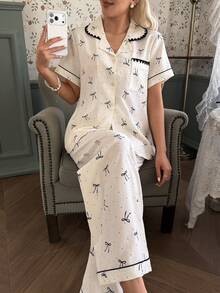 CottageSlumber Fresh Polka Dot Bow Collar Women Pajama Set - Multicolor - View 3