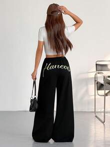 Hanevo 少女抽绳腰宽松喇叭直筒休闲裤，后臀印花图案 - 黑色 - 查看 4