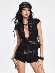 ROMWE Grunge Punk 朋克风金属扣深V领修身女式衬衫 - 黑色 - 查看 6