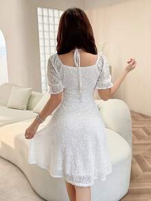 Feyla 女士优雅浪漫纯色提花夏季连衣裙 - 白色 - 查看 7