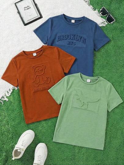 3pcs/Set Tween Boys' Casual Letter Print Graphic Crew Neck Knit T-Shirts, Suitable For School And Outings In Spring/Summer Y2k Vacation Goth Gothic Streetwear Sumwon Burgundy Holiday Vintage Boho Festival Gras Party Cute Birthday Boys Modest Home Casual Cozy