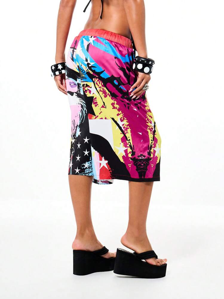 SUMWON WOMEN Oversized Graphic Satin Basketball Shorts With Abstract Pop Art Print And Elastic Waistband