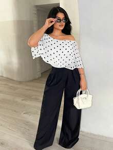 SHEIN SXY Women's Polka Dot Off-Shoulder Casual Bodysuit, Versatile For Daily Wear, Off The Shoulder ,Summer ,Elegant ,Vacation,Beach,Spring - Black and White - View 4