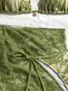 Swim Mod 女士性感蕾丝系带露背比基尼套装及系带罩裙三件套，沙滩/度假风 - 綠色 - 查看 4