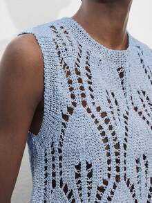 Maija Blue Plain Round Neck Sleeveless Sheer Knit Top For Women Regular Length Casual Style - Blue - View 7