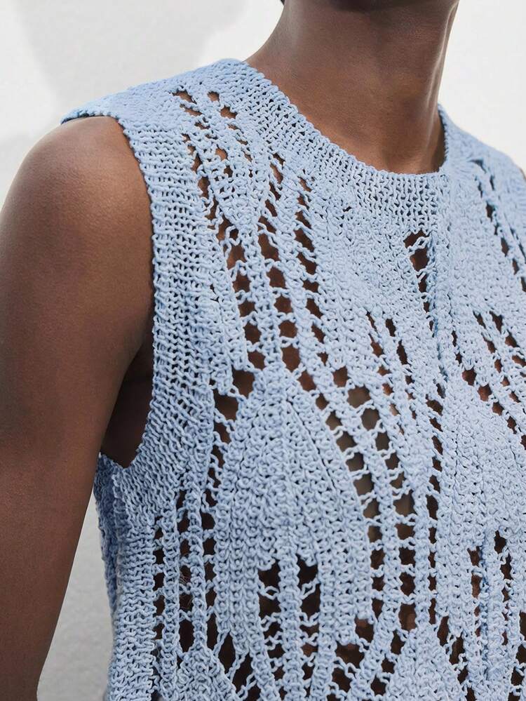 SHEIN Maija Women's Solid Color Sleeveless Hollow-Out Knit Top, Suitable For St. Patrick's Day, Spring Break, Easter Hollow Out Top Women's Summer Outfits Women's Tops For Summer Knit Tops For Women