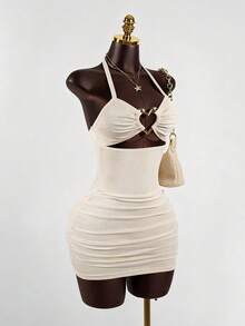 SaltGleam SaltGleam Women's Fashion Spaghetti Strap Hollow Heart Metal Buckle Dress, Suitable For Spring/Summer Party, Daily Wear, Vacation, Travel, Mini Skirt Sundress - Apricot - View 5