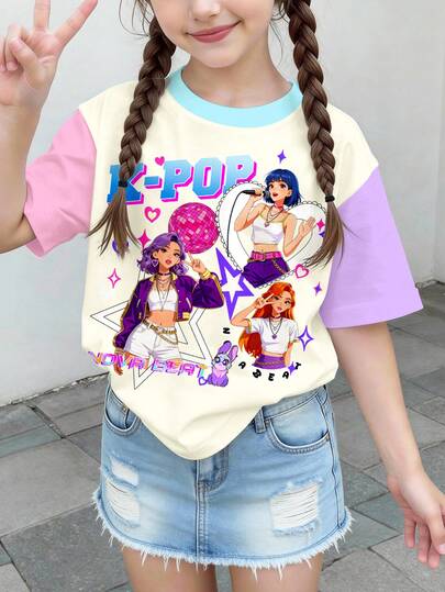 Tween Girl Round Neck Cartoon Letter Print Short Sleeve T-Shirt, Suitable For Summer, School, Sports, Outdoor Picnic, Casual Wear, Home