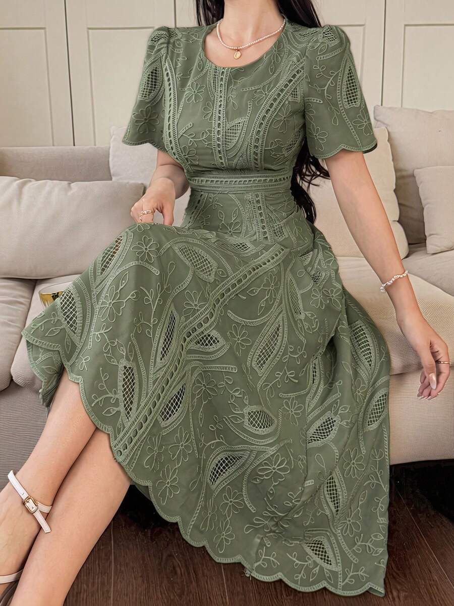 DAZY 女士优雅花卉蕾丝圆领花瓣袖中长连衣裙，夏季吊带裙 - 軍綠色 - 查看 1