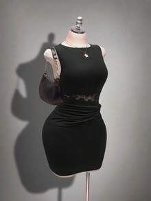 SHEIN ICON Plus Size Elegant Black Dress,Summer Rave Dress,Waist Hollow Lace Patchwork Sleeveless Bodycon Dress Suitable For Dates,Banquets,And Vacations - Black - View 6
