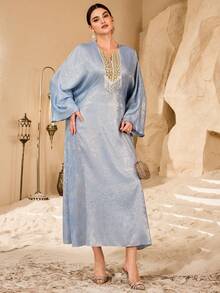 Al Najma 女士闪亮刺绣串珠长袍，宽松显瘦宴会优雅长袍 - 藍色 - 查看 4