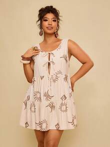 Travachic Vestido mini sin mangas con lazo de amarre y falso bordado en la parte delantera, en color caqui, para tallas grandes y uso casual y versátil - Caqui - Ver 2