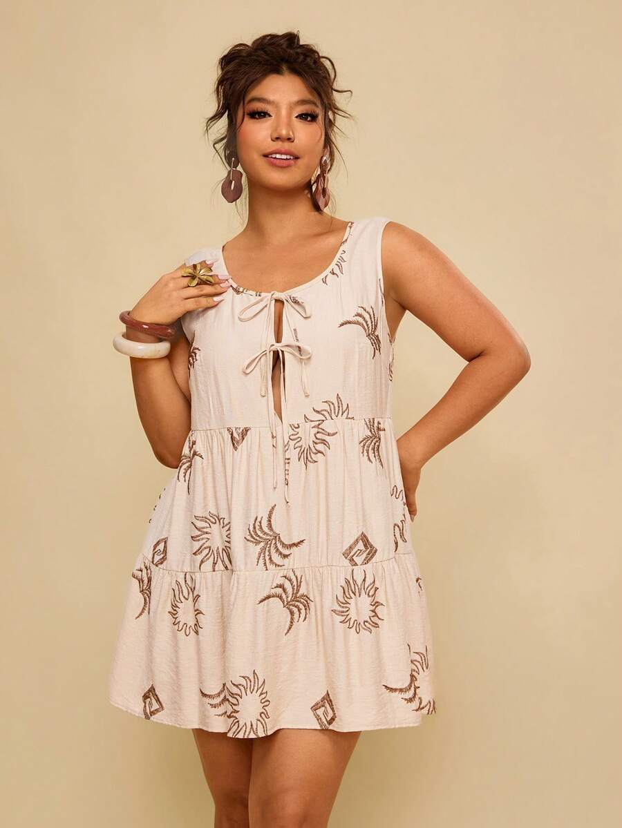 Travachic Vestido mini sin mangas con lazo de amarre y falso bordado en la parte delantera, en color caqui, para tallas grandes y uso casual y versátil