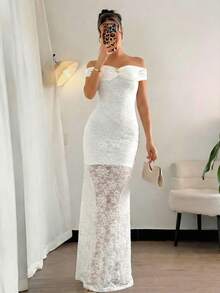 Aloruh 女士花卉蕾丝金属装饰露肩长袖修身优雅连衣裙 - 白色 - 查看 4