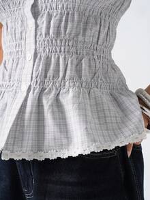 LYSMO Women's Casual Checkered Print Ruffle Hem Fitted Blouse, Suitable For Daily Wear And Commuting - White - View 6