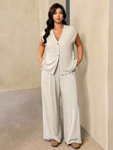 Auralis Damen Große Größen 2 Stücke Set, einfarbiges graues Sommer-Curve-Smart-lässig-Loungewear-Set aus strukturiertem Leinen, ärmellose Weste & Hose mit elastischem Bund und weitem Bein - Aprikosenfarben - Übersicht 1