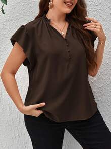 SHEIN Privé Kemeja Kasual Serbaguna Wanita Ukuran Besar Warna Polos Kerah V untuk Pemakaian Sehari-hari - Chocolate Brown - View 5