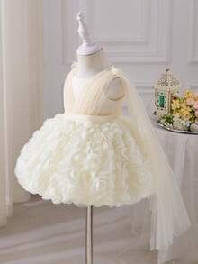 SHEIN Glamorique Kids 女嬰公主禮服，奶油白色夏季優雅婚禮花童禮服，3D花卉網紗薄紗正式禮服，附網紗披肩，生日派對洗禮儀式適用 - 杏色 - 查看 6