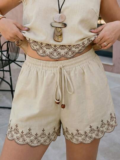 Dripcurv 女士加大码夏季刺绣短裤，度假休闲短裤，夏季度假装，沙滩装