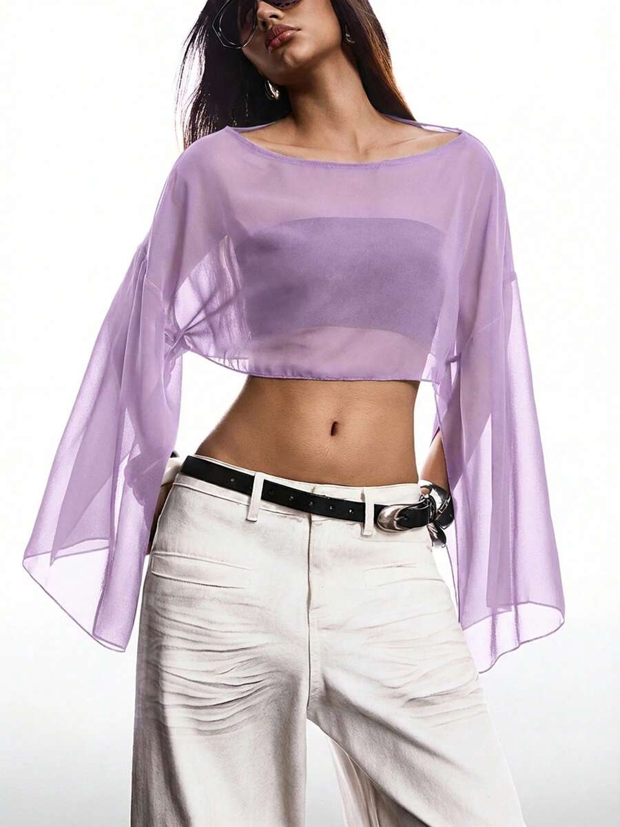 SHEIN EZwear Women's Solid Color Cape Sleeve Sheer Cropped Shirt,Summer Top - Mauve Purple - View 1