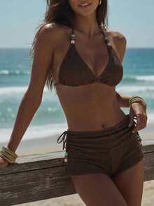 Swim Vcay 3pcs/Set Women's Wavy Pattern Tie-Up Beaded Decoration Shorts Bikini Set, Spring/Summer Brown Bathing Suit Women - Coffee Brown - View 3