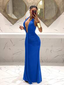 Slaydiva 2025新款优雅深V领美人鱼连衣裙，适合派对、生日、酒吧、夜店、情人节、万圣节、圣诞节等场合 - 棕色 - 寶藍色 - 查看 3