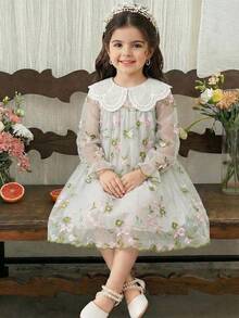 SHEIN LMoss Kids 女童纯色网纱泡泡领修身休闲连衣裙 - 綠色 - 查看 3