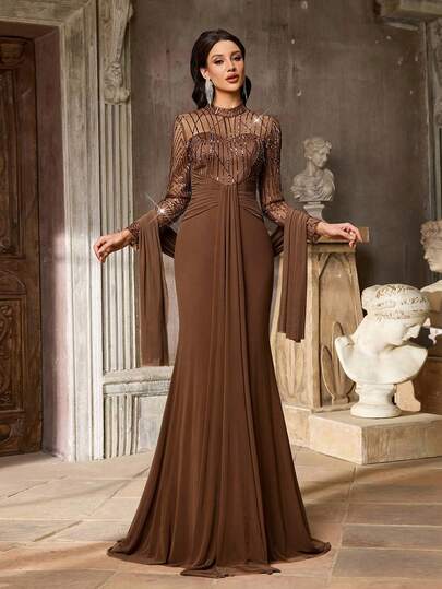 Aureia Elegant Luxurious Beaded Sequin Floral Mesh Splice Elastic Sheer Sleeve Mermaid Skirt, Suitable For Wedding, Party, Vacation, Ball Gown (Heavy Embellishment)