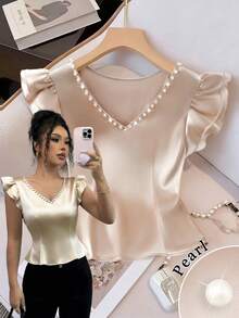 GlowEve Women's V-Neck Bubble Bead Ruffle Hem Sleeveless Casual Satin Fitted T-Shirt, Spring/Summer - Champagne - View 7