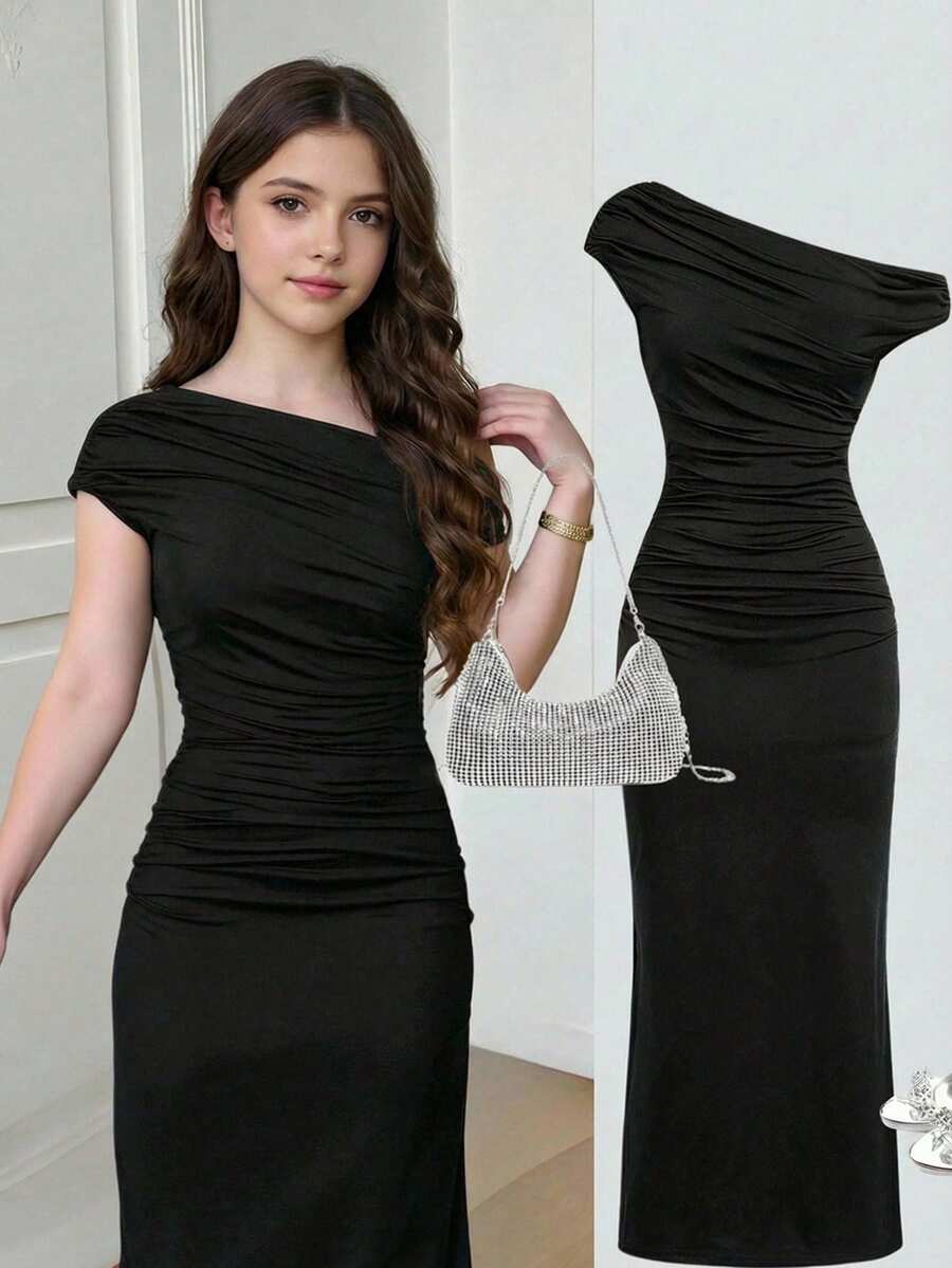 SHEIN 少女黑色针织不对称肩部褶皱腰部简约优雅休闲修身连衣裙，适合情人节穿着 - 黑色 - 查看 1