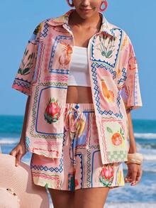 Travachic 2026 New Tropical Fruit Print Shirt And Shorts 2 Pieces Set, Women Summer Vacation Casual - Multicolor - View 5