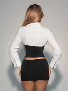 SHEIN ICON Camicia elegante da ufficio a maniche lunghe, con bottoni e vestibilità aderente, in colori a contrasto - Bianco e nero - Visualizzare 2