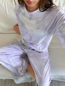 DAZY 女士扎染渐变舒适圆领长袖上衣和裤子睡衣套装 - 紫色 - 查看 3