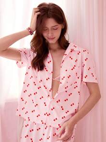 Women's Printed Cropped Top And Elastic Waist Pants Pajama Set - Pink - View 8