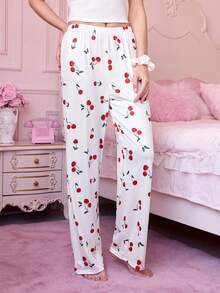 Bonmuse 女士白色樱花印花睡裤 - 柔软休闲家居裤，红色樱花和绿色叶子图案，弹性腰带，可机洗，夏季穿着下装，方便舒适 - 白色 - 查看 6