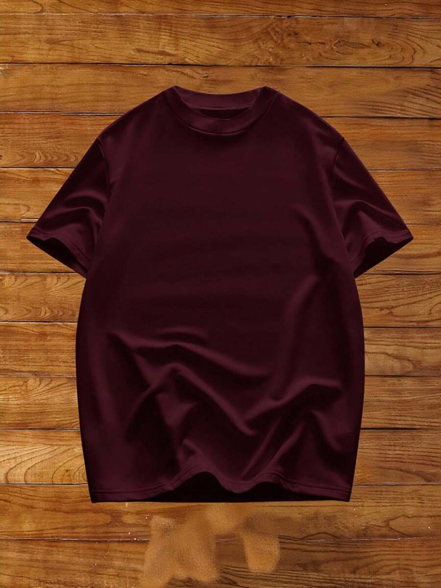 Manfinity VCAY Men's Burgundy Short Sleeve T-Shirt, Summer Heavy Weight Plain Tee For Work, Casual Daily Commute Solid Color Round Neck Jersey Drop Shoulder T Shirt - Burgundy - View 1