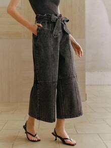 Anewsta Cargo Pants For Women, High Waist Slimming Loose Straight Leg Cropped Jeans, Casual Wide Leg Pants, Spring - Black - View 4