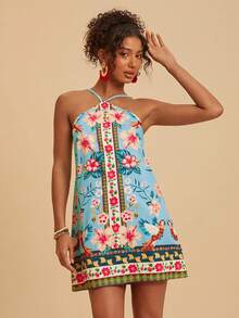 Travachic Vestido mini casual de vacaciones con estampado floral y cuello halter para mujer - Multicolor - Ver 5