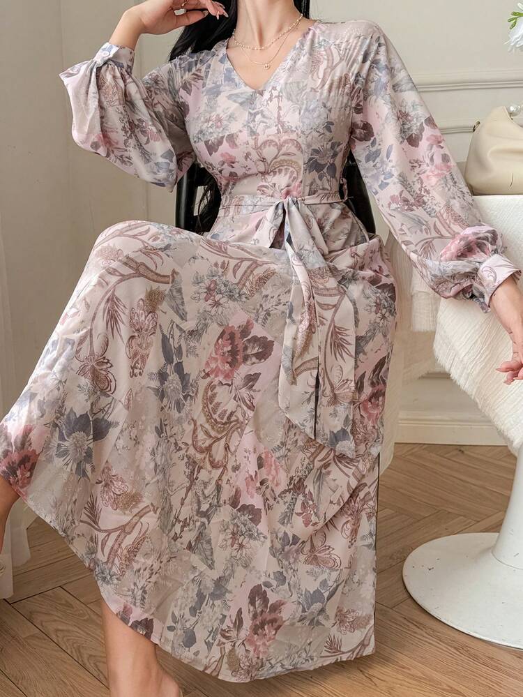 Women's Floral Print V-Neck Elegant Long Sleeve Dress,Valentine Outfits For Women Sundress