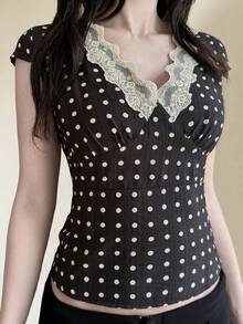 DAZY Women's Lace Patchwork Polka Dot Fitted T-Shirt, Summer - Black and White - View 1