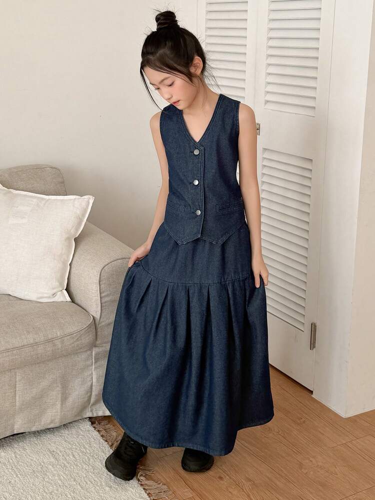 Tween Girls V-Neck Denim Vest & Denim Skirt 2-Piece Set, Fall Summer
